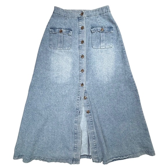 Mazik Womens Small Light Wash‎ Denim Maxi Skirt Button Front A Line Pockets EUC - Picture 2 of 8